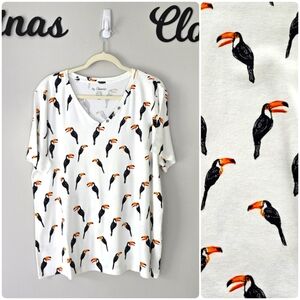 Chicos Cotton White Toucan Tropical Bird Print Vneck Buttons T-Shirt Size XXL NW
